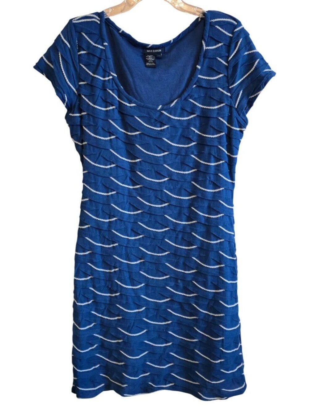 Blue Textured Dress Scoop Neck Layered Stripes Design Fun & Flattering academia